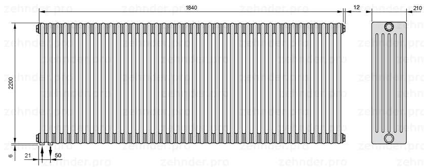 Схема (чертеж) Радиатор Zehnder Charleston 6220/40 №3370 Белый глянцевый RAL 9016